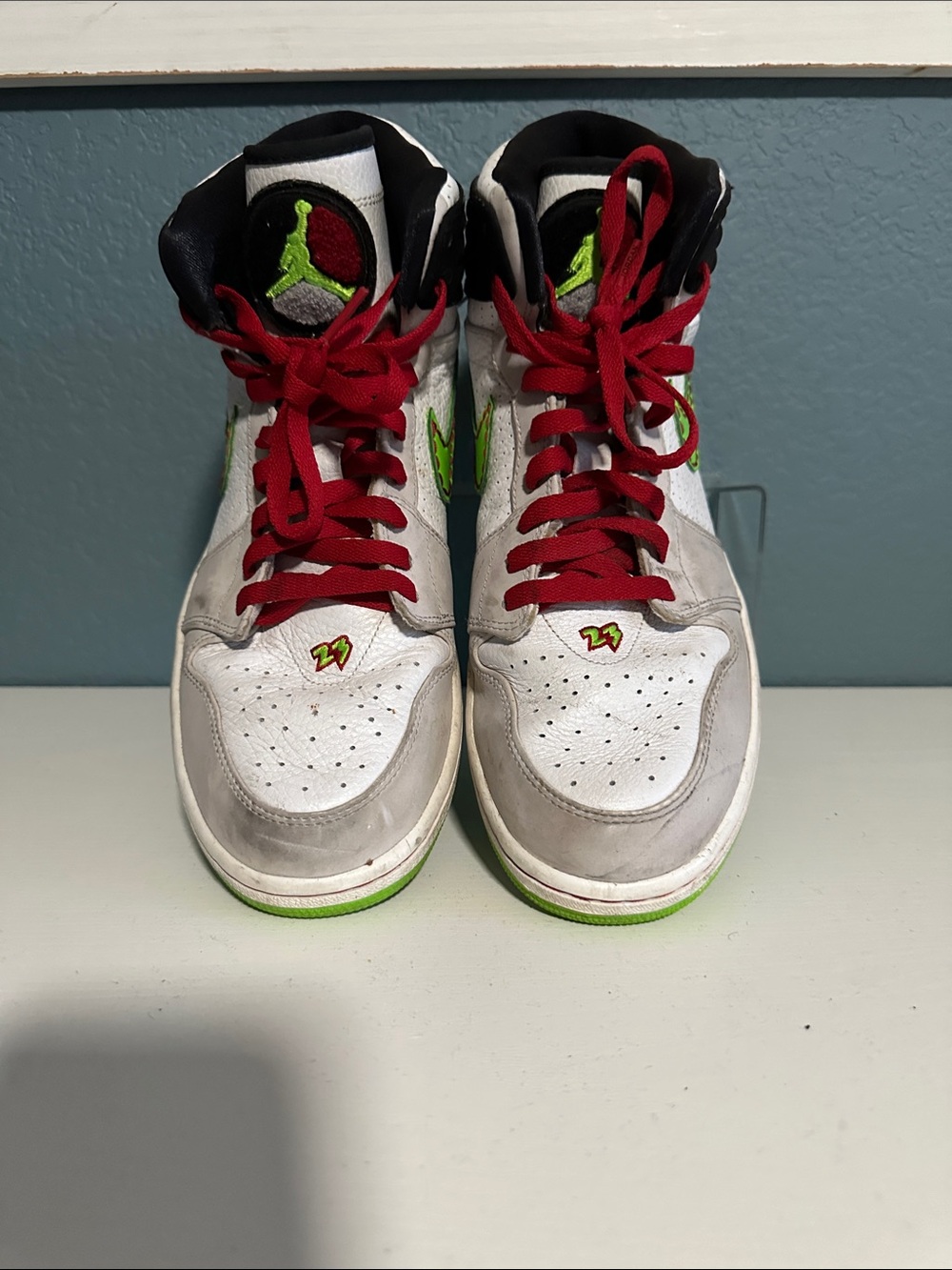 Jordan Mens High-Top Sneakers in White, Red, and Neon Green